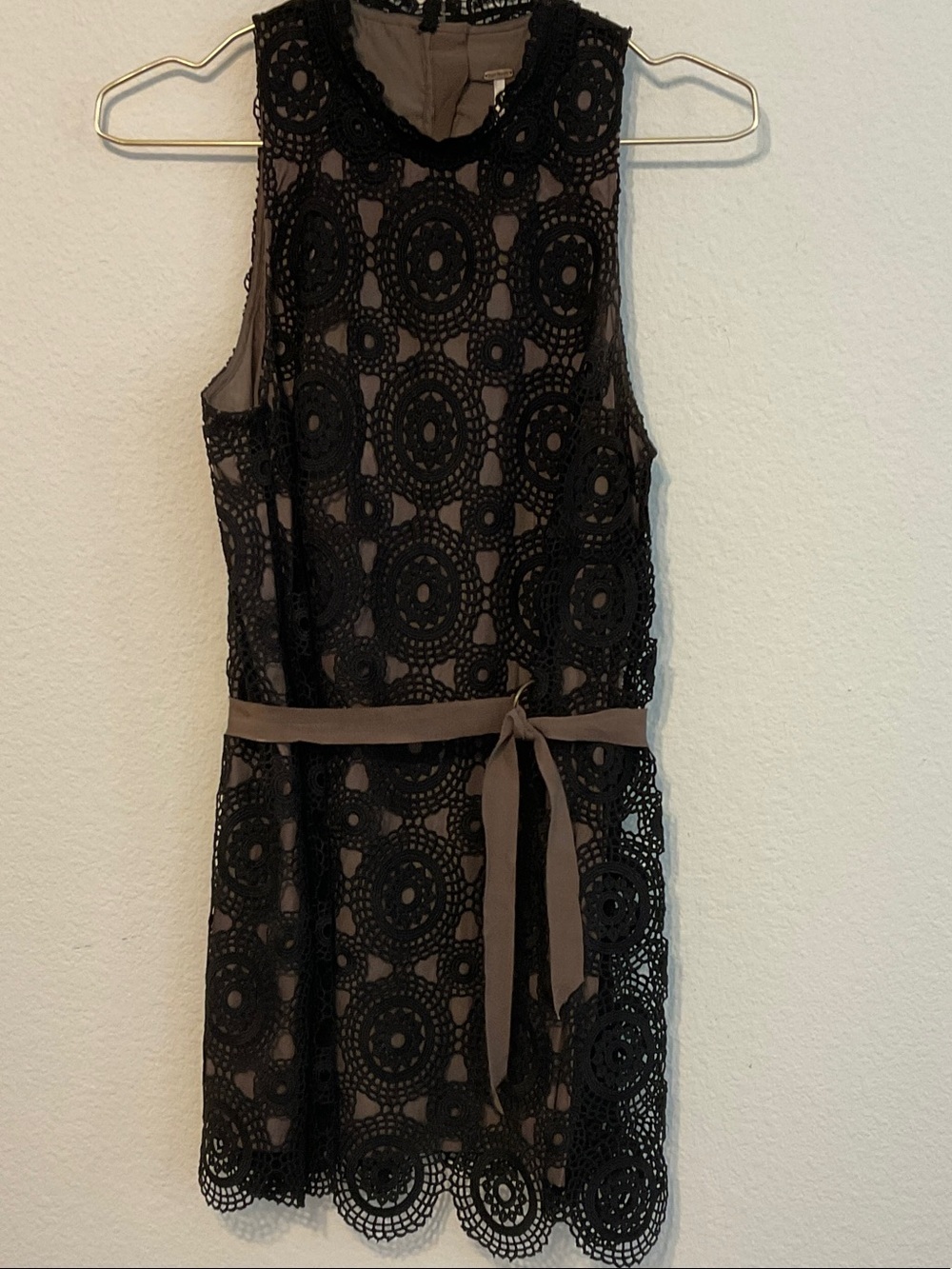Free People Sleeveless Black Crochet Overlay Dress with Taupe Lining and Belt